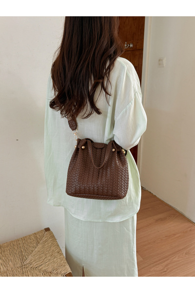 Take Two By Styli Brown Basket Weave Bucket Bag