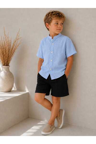 BEBEĞİME ÇORAP Organic Muslin Boys' Short Sleeve Court Collar Bohemian Shirt