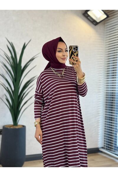 Afili 1217 Striped Slit Long Dress Plum