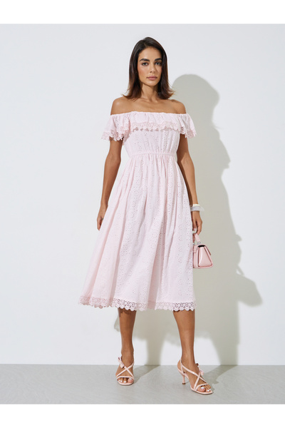 Styli Light Pink Cotton Schiffli Off Shoulder Midi Dress