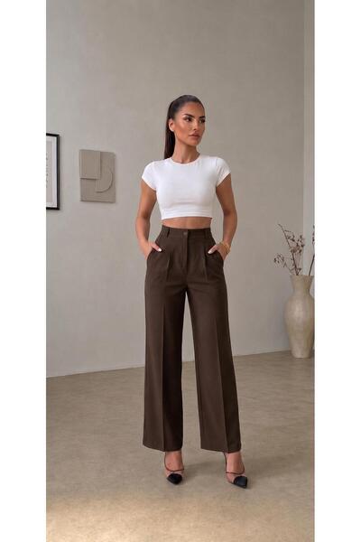 mecea prime Women's Black Lycra Button Detailed Pleated Palazzo Trousers High...