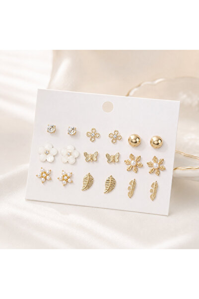 Generic Brand Set 9 Perechi Cercei Aurii Tip Stud, Modele Florale, Fluturi, F...