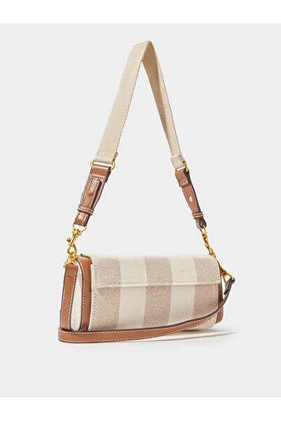 Styli Beige Striped Pattern Flap Shoulder Bag