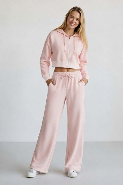 Piyera Women's Pink Two-Thread Relaxed Fit Hooded Zipper Crop Wide Leg Sweatp...