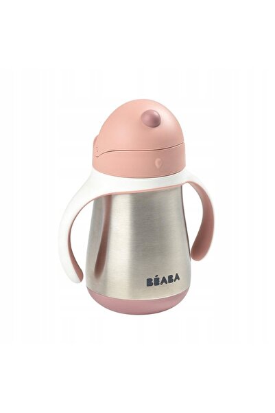 Beaba Sticlă din oțel cu pai, cană anti-vărsare cu mâner, 250 ml, roz vintage