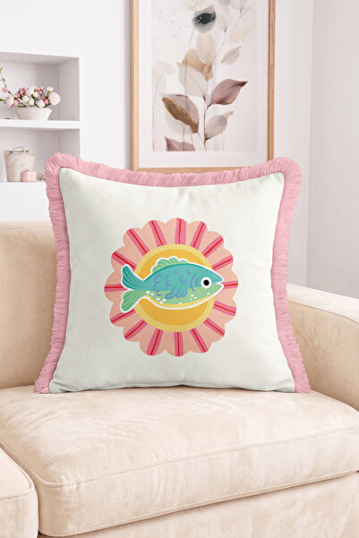 Realhomes Flower Shaped Frame with Fish Figure Fringed Throw Pillow Cover Ret...