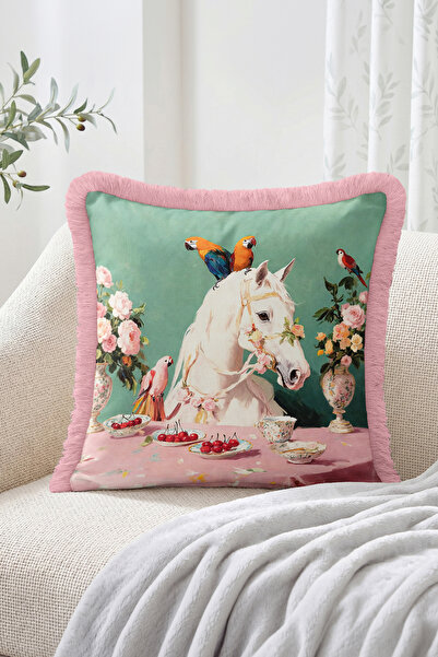 Realhomes Floral Tea Time Scene with White Horse and Parrot Figures Fringed T...