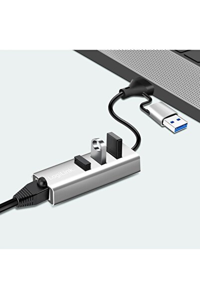 LogiLink Adaptor de rețea RJ45, Hub USB 3.0 cu 3 porturi USB A, Gigabit Ethernet