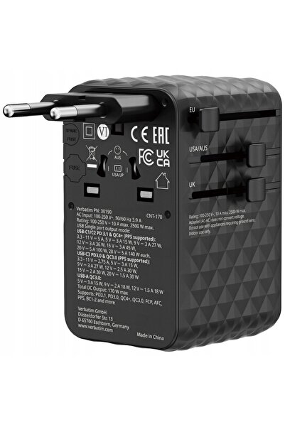 Verbatim Adaptor de călătorie EU/UK/US GaN 2xUSB-A/3xUSB-C PD 170W Negru 30190