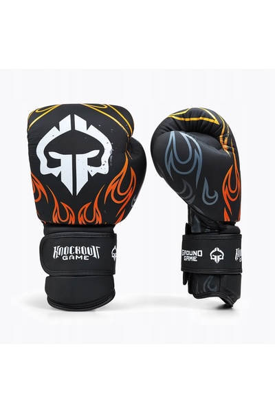 Ground Game Mănuși de box cu flăcări, negre, 10 oz