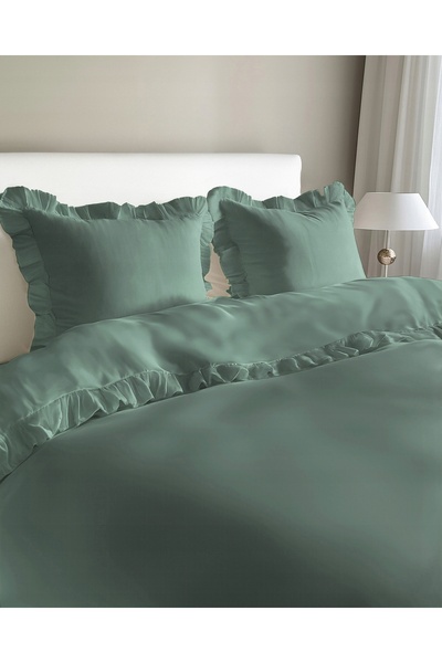 Deco4Home Lenjerie de pat din bumbac cu volane, stil boho, culoare mentă, col...