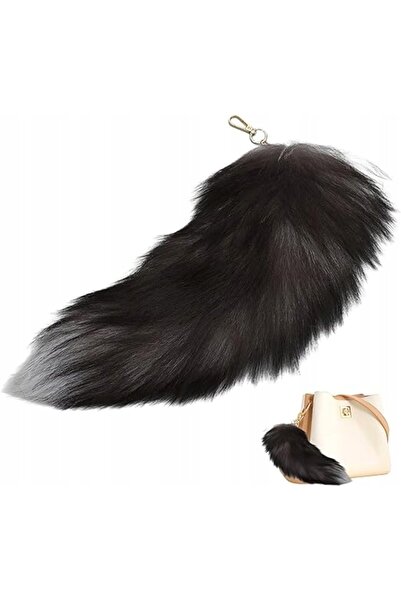 NO BRAND Breloc coadă de vulpe din blană artificială, negru, 40cm, cu carabină.
