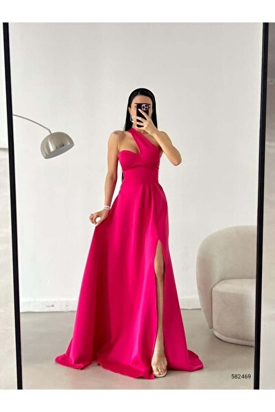 Modafeminen Fuchsia One-Shoulder Slit Detailed Long Evening Dress 582469