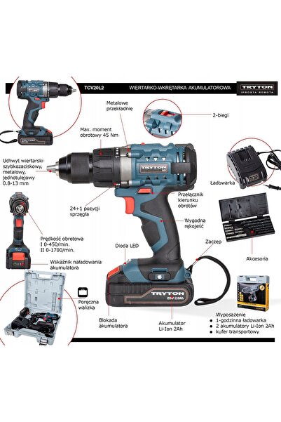 Tryton Mașină de găurit și înșurubat tcv20l2, set cu acumulator