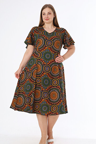 İntensive Women's Plus Size Viscose Short Sleeve V-Neck Flared Dress