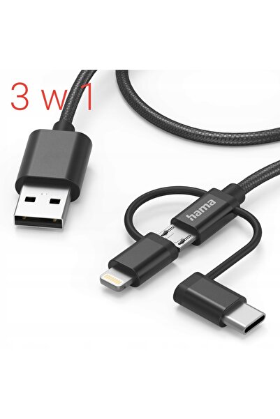 Hama Cablu cu adaptor 3-în-1 Micro USB/USB-C/Lightning 1,5 m certificat MFI