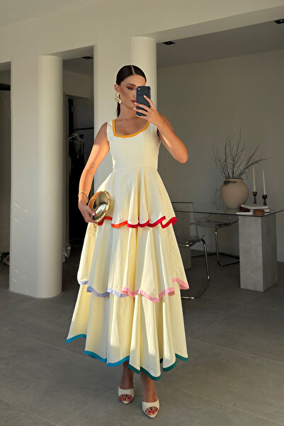 MAGARDE Colorful Folded Dress with Ruffle Details - Ecru