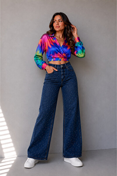 nd jeans High Waist Wide Leg Stoned Denim Trousers