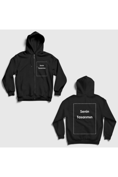 Presmono Unisex Siyah Kendin Tasarla Kişiye Özel Sırt Baskılı Fermuarlı Kapüş...