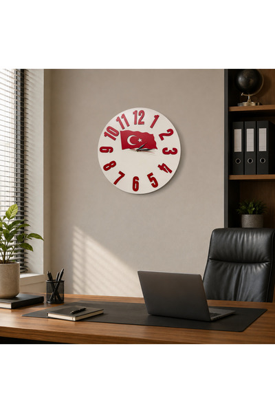 LotusLazer Tasarım Turkish Flag and Red Numbers Wooden Wall Clock 40X40 cm Si...