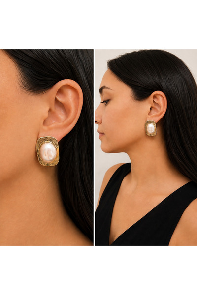 White Collar Studio İnci Detaylı Gold Vintage Küpe