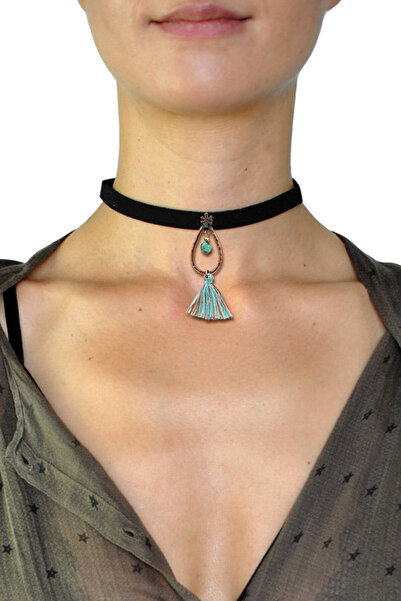 VeeShop Colier choker bohemian, panglica de catifea ingusta, cu medalion bron...