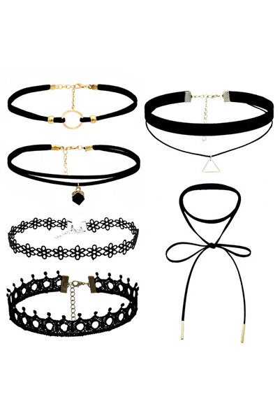 VeeShop Set 6 coliere choker, catifea, dantela, triunghi, inel, cristal
