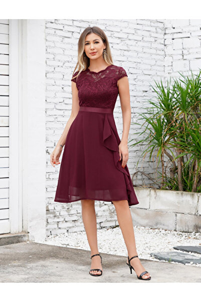 Dotail Women's Cocktail Dress, Size M, Lace and Chiffon, Short Sleeves, Decor...