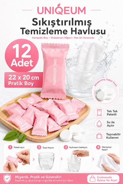 Uniquem 12 Adet Sıkıştırılmış Makyaj Temizleme Mendili Havlusu 22x20 cm Suyla...