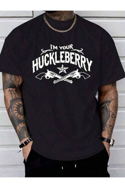 45 BPM تي شيرت رجالي بطبعة "I'm Your Huckleberry" - تي شيرت قطني أسود غير رسم...