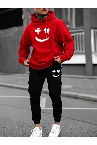 zeag Men's Large Smiling Face Printed Hooded Tracksuit Set