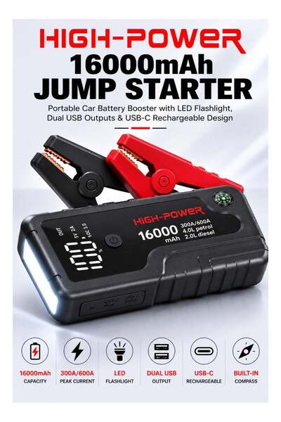 HIGH POWER 16000mAh Jump Starter Power Bank with 300A/600A Peak Current, 12V ...