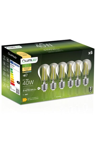 Lumiled 6x Bec LED E27 A60 4W = 40W 470lm 3000K Cald 360 °   FILAMENT