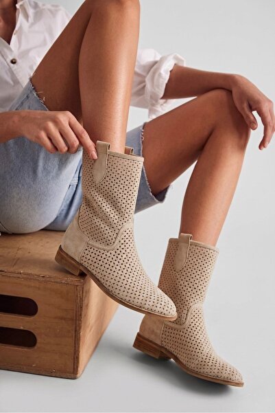 İX Mellow Women's Suede Low Heeled Summer Boots, Perforated Summer Women's Bo...