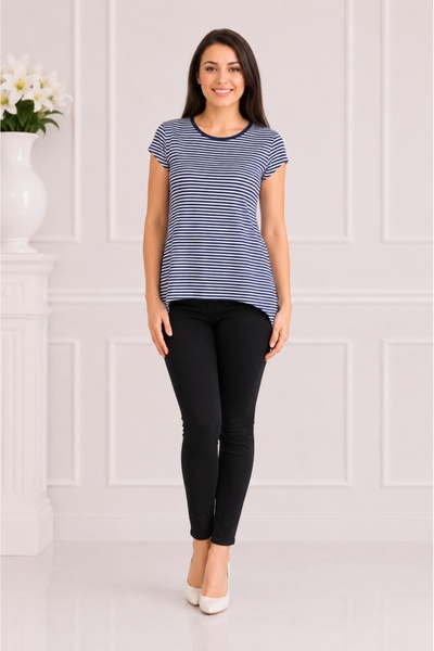 OEM Bluza moderna, insertie de voal bleumarin in spate si dungi albe