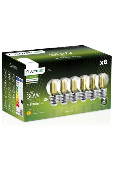 Lumiled 6x Bec LED E27 tip bilă P45 7W = 60W 806lm 4000K Neutru 360 °   FILAMENT