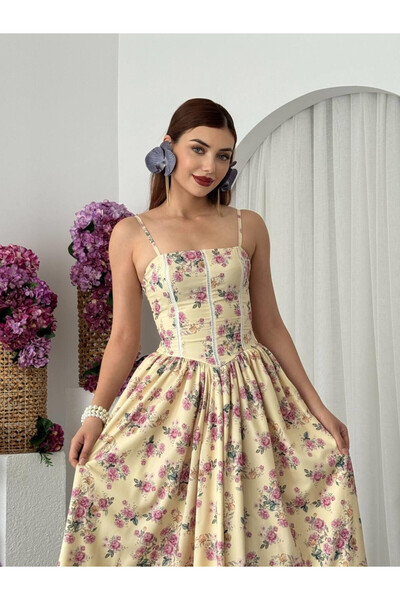 Clothes Fast Women's Beige Midi Dress with Thin Straps, Square Neck, Floral P...