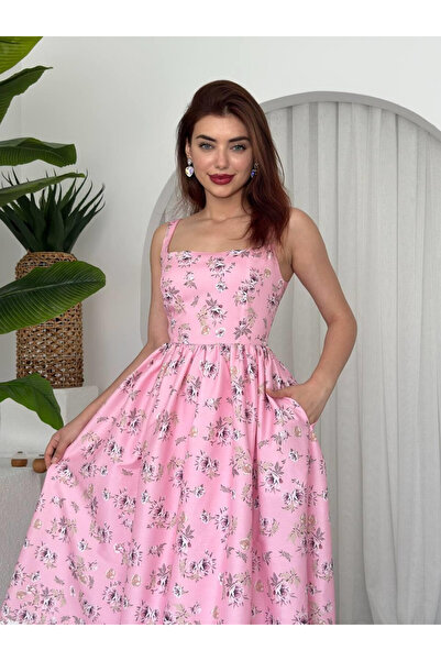 Clothes Fast Women's Pink Floral Patterned Square Neck Strappy Pocket A-Line ...