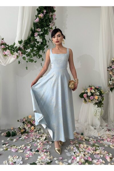 Moda Days Women's Blue Glitter Midi Dress Square Neck Strap Patterned A-Line ...