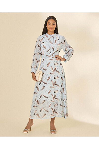 REDTAG Women Blue Printed Belted Long Sleeve Dress