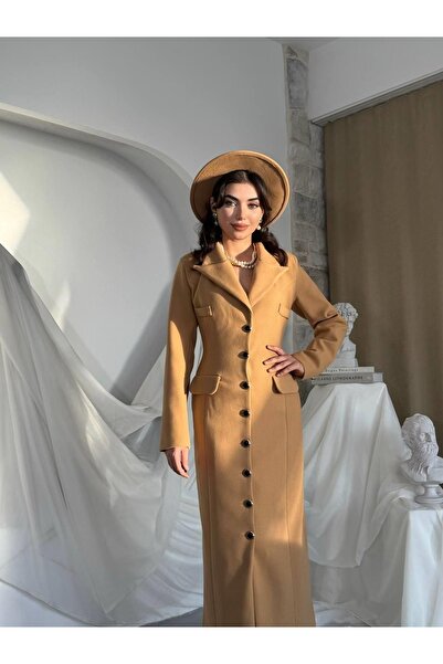 Clothes Fast Women's Camel Long Cashmere Jacket with Collar, Buttons, Pockets...