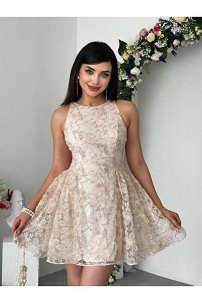 Moda Days Дамска розова мини рокля с флорални мотиви, от тюл, бродирана, без ...