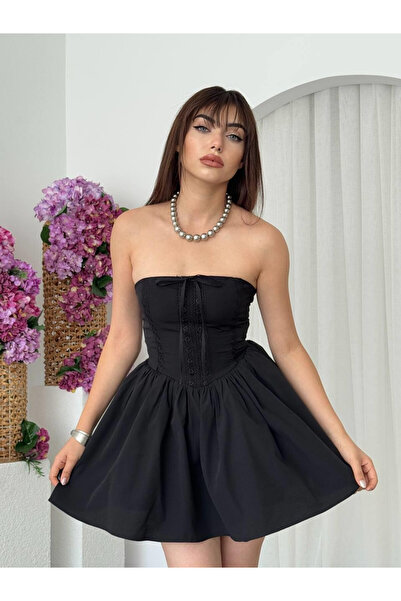 Clothes Fast Women's Black Strapless Bow Lace Detailed Corset Look Mini Dress