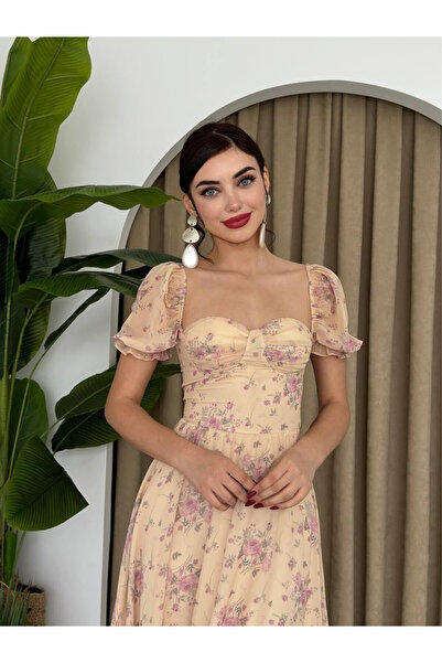 Clothes Fast Rochie midi de damă, bej, cu imprimeu floral, cu guler pătrat, m...