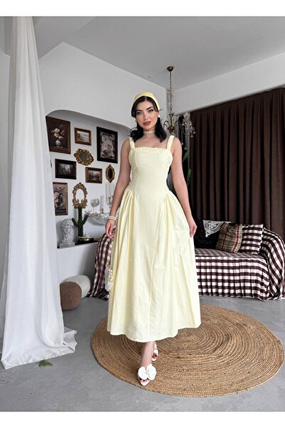 Clothes Fast فستان ساري نسائي متوسط الطول بياقة مربعة وحزام مطاطي وتفاصيل خصر...
