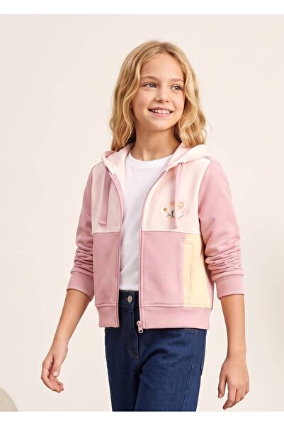 Ozmoz By Mukadder Özden Organic Hooded Pink Spring Jacket for Girls with Prin...