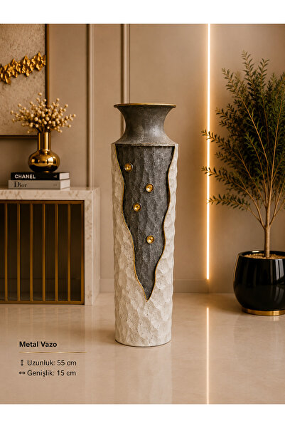 Hinora Vază decorativă din metal pentru podea, negru, crem, auriu, dimensiune...
