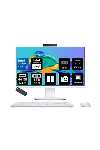 ASUS ExpertCenter P400 Aio (P470VAK) Intel Core 5 210H 64GB RAM 1TB SSD Intel Graphics 27" Full HD (1920x1080) Win11 Home P470VAK-C516512W0DP439 Beyaz All In One Bilgisayar + Per4 USB Bellek