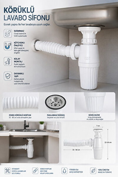 NUBLADO Körüklü Lavabo Sifonu 33-80 cm Esnek Hortumlu Paslanmaz Süzgeçli Evye...