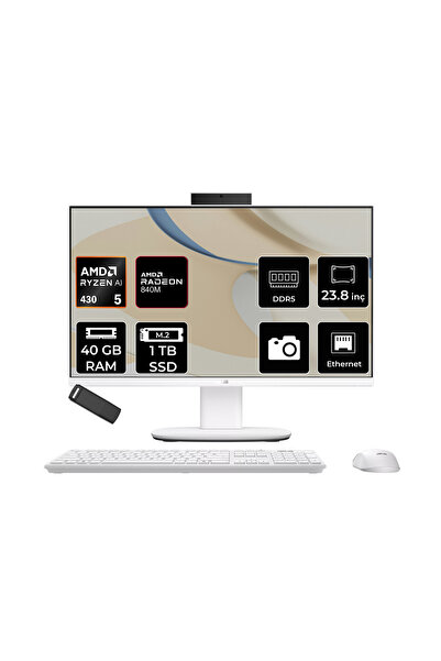 ASUS Expertcenter V600 Aio (VM640GA) AMD RYZEN AI 5 430 40GB RAM 1TB SSD AMD Radeon 840M 23.8" Full HD (1920x1080) FreeDOS VM640GA-WPC030WP327 Beyaz All In One Bilgisayar + Per4 USB Bellek